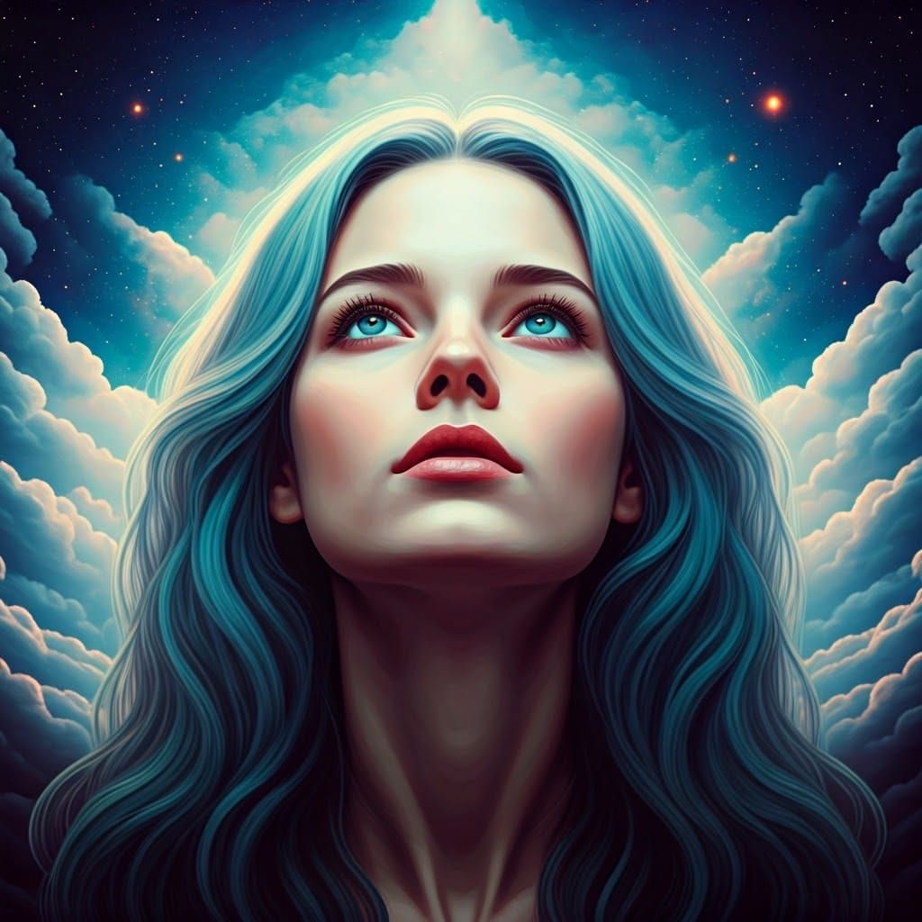 Dreamlike Woman's Face in Surreal Cosmic Landscape