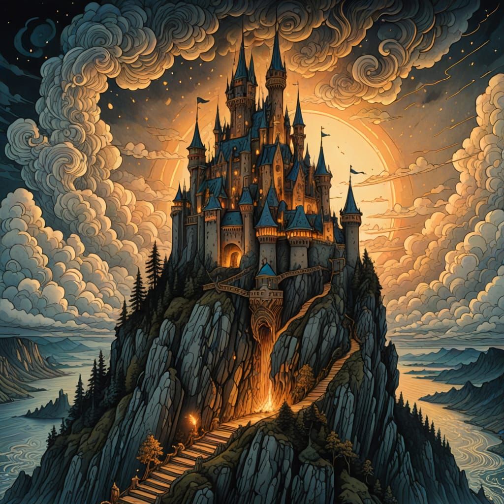 Pencil Castle on Cliff Edge Fantasy Illustration