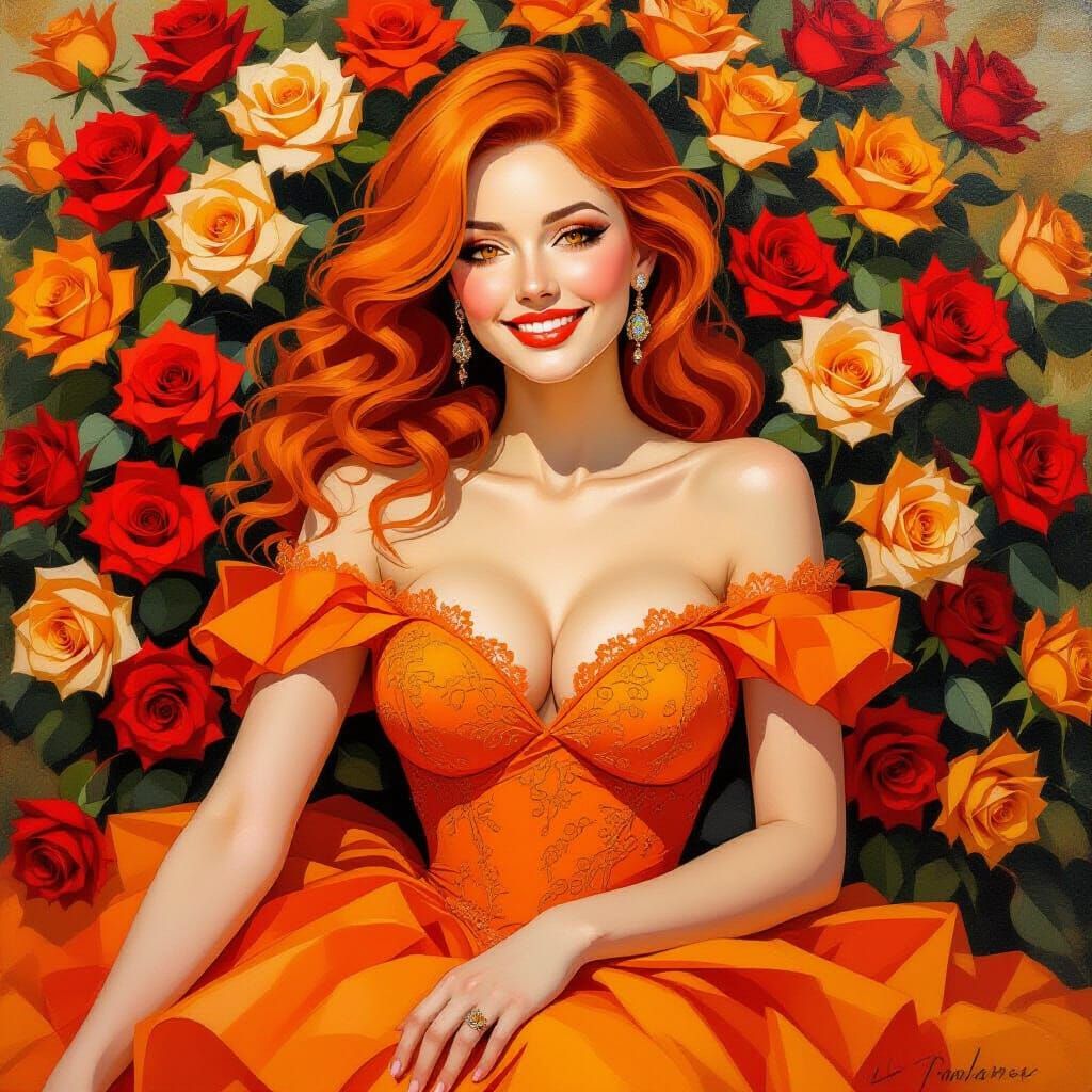 Orange Haired Woman Smiles Amidst Roses