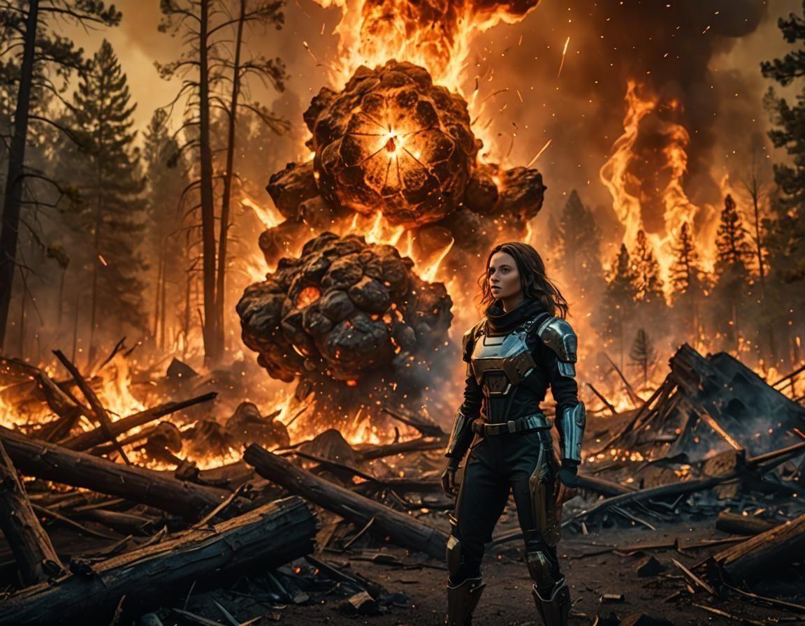 Villainess in Forest Fire, Hyper Realistic Rendering