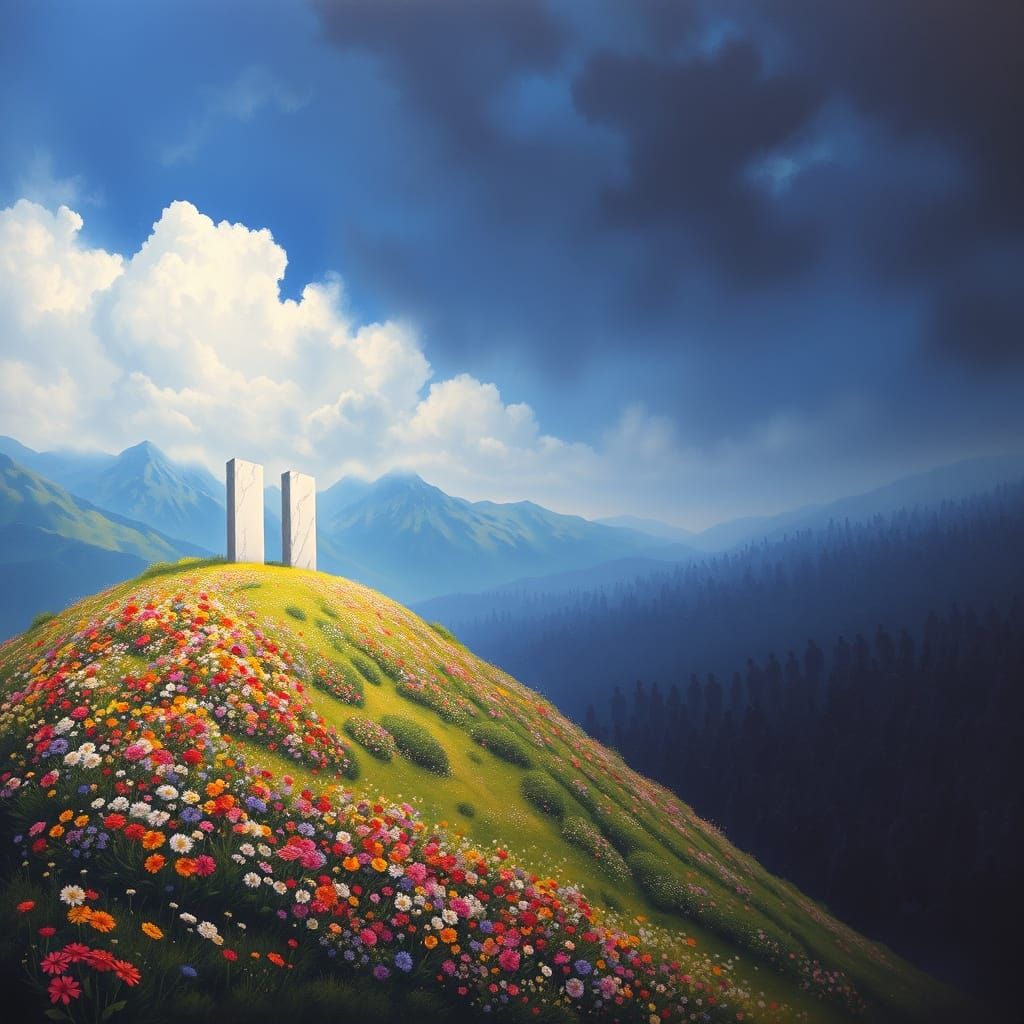 Divine Oil Painting of Mountain and Silhouettes