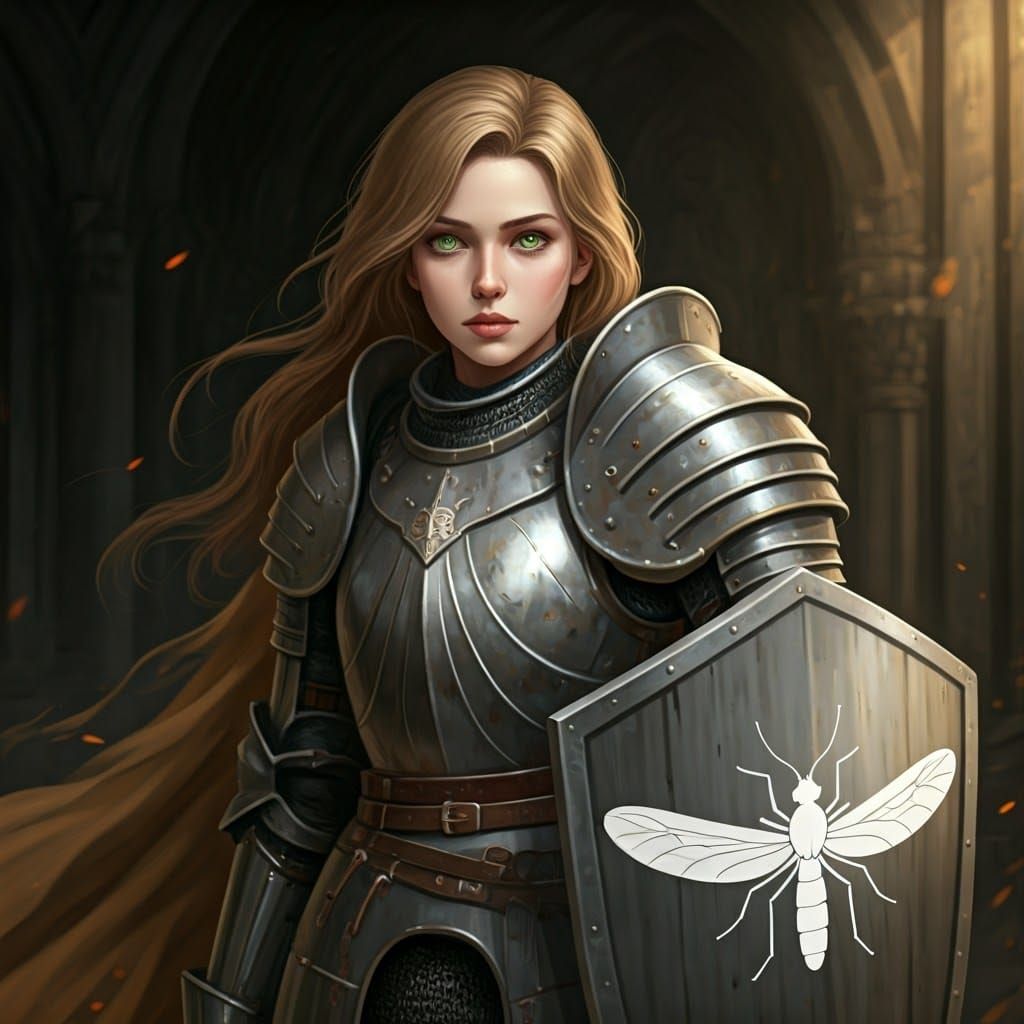 Female Knight in Grey Armor with Mosquito Shield