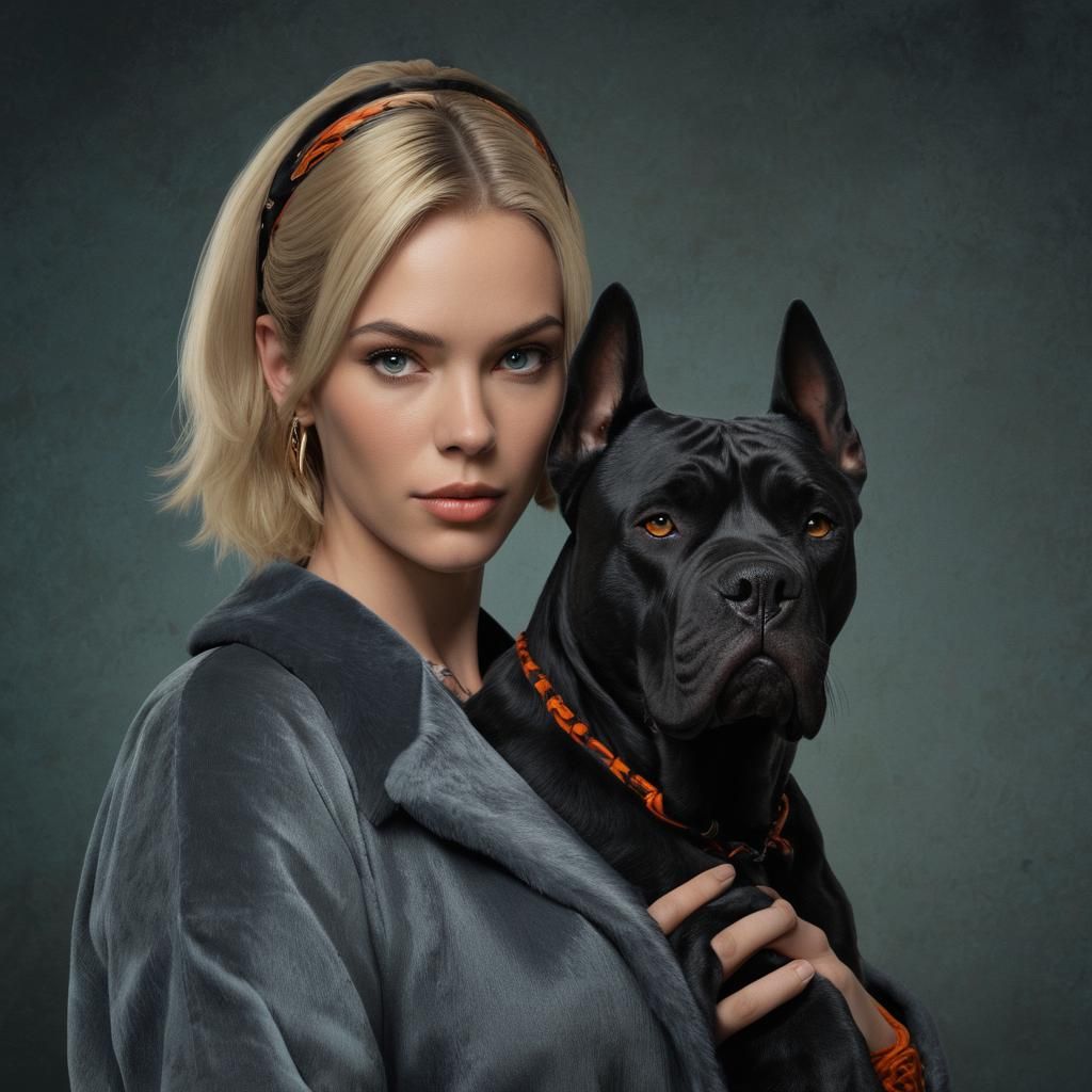 Woman and Cane Corso Portrait in Fantasy Style