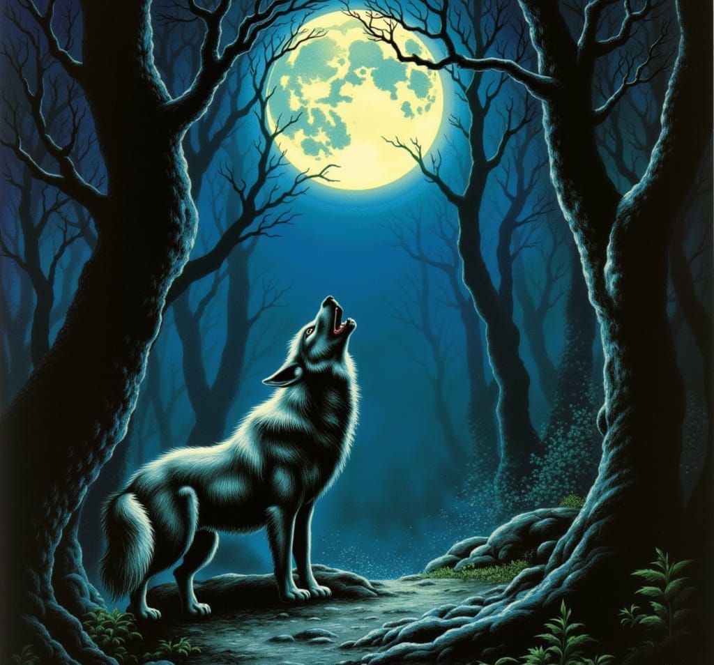 Wolf Howling Under Moon in Digital Art Style