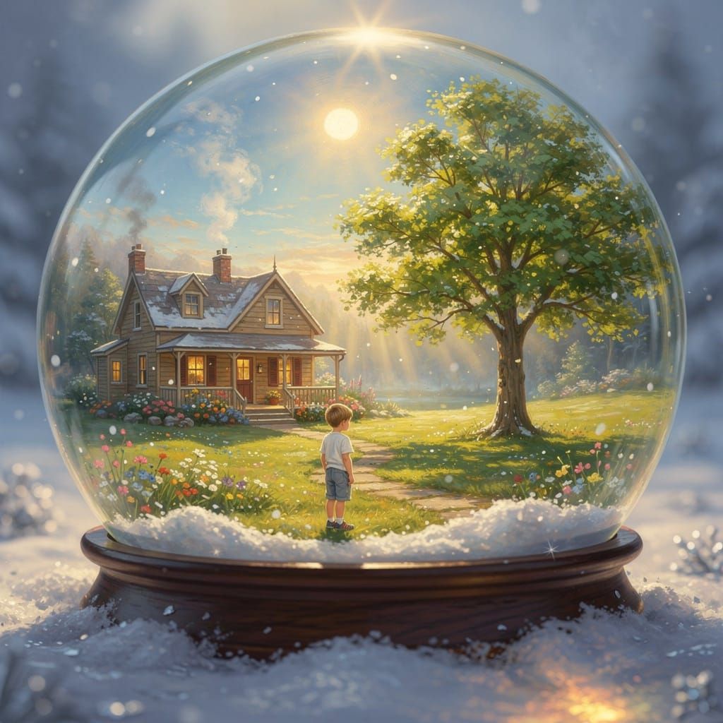 Summer Day Inside a Snow Globe: Boy, House, and Tree