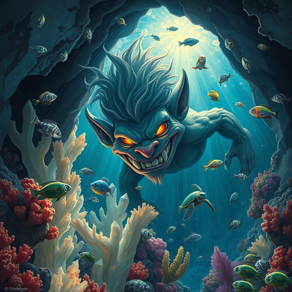 Mischievous Troll in a Crystalline Underwater Cave