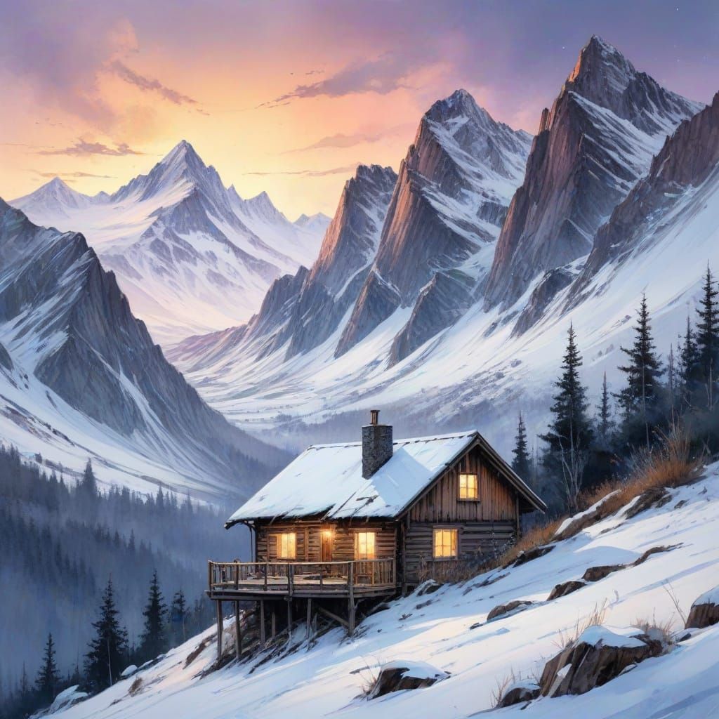 Romantic Watercolour Cabin Scene at Snowy Mountain Peaks Twi...