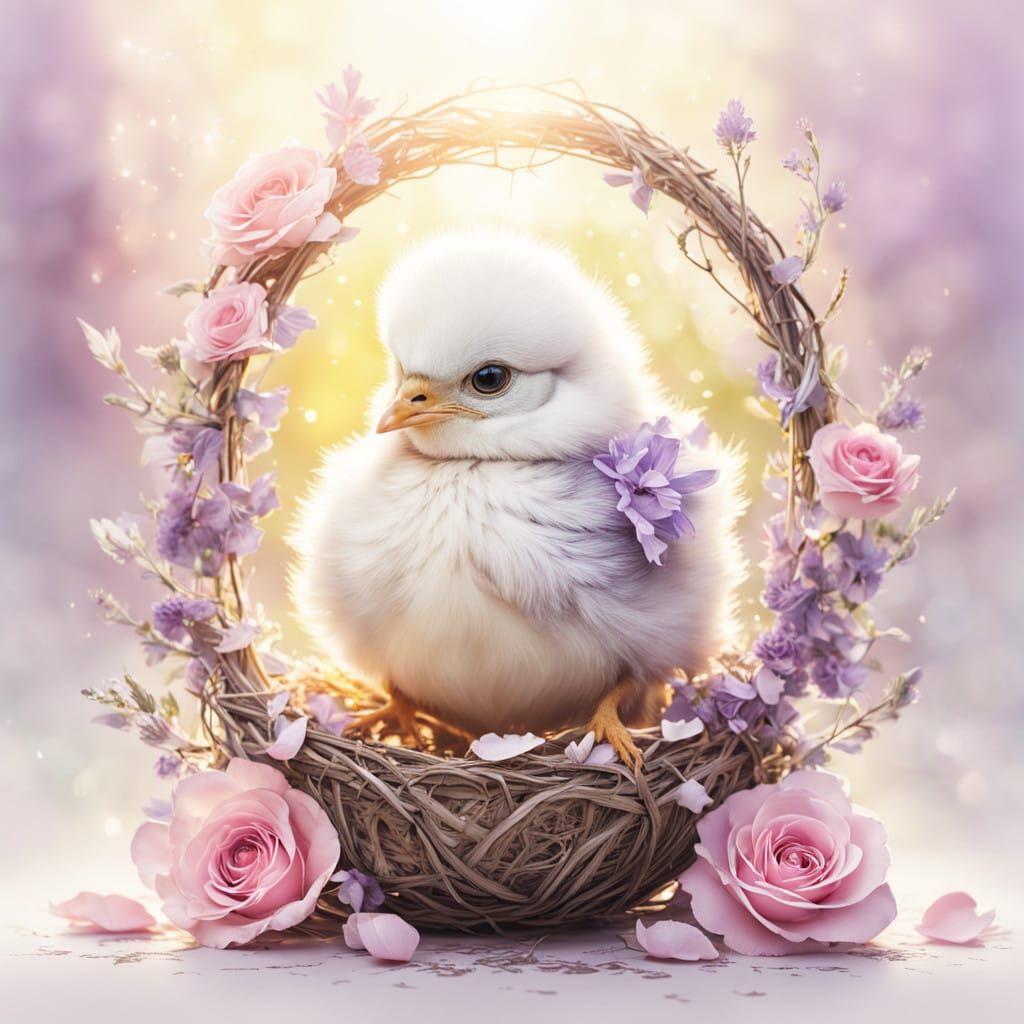 Chick in Whimsical Floral Crown, Soft Pastel Hues