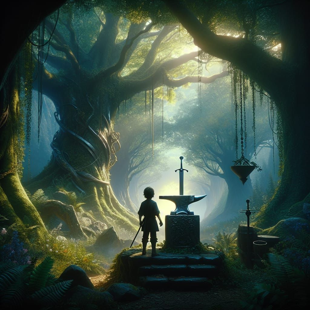 Boy Draws Caliburn from Stone in Mystic Forest