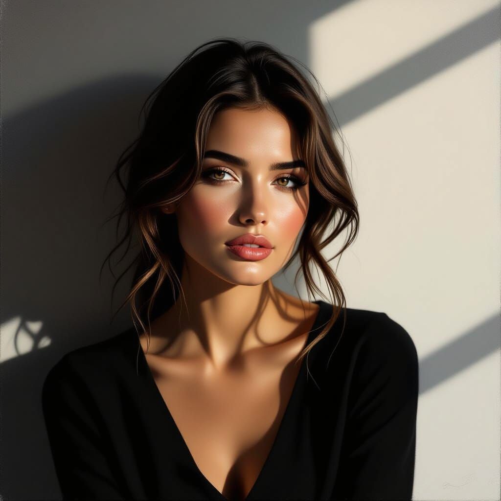 Contemplative Woman Portrait in Dramatic Chiaroscuro Lightin...