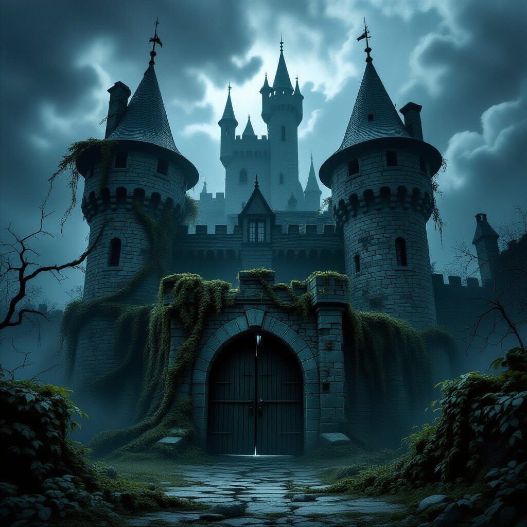Spooky Castle Overgrown with Vines in Stormy Sky