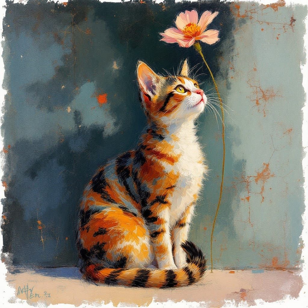 Whimsical Cat in Soft Pastel, Fused with Impressionist Techn...