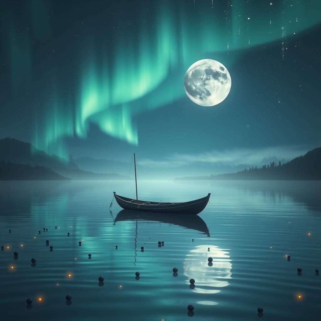 Moonlit Lake Scene with Aurora, Matte Painting Style