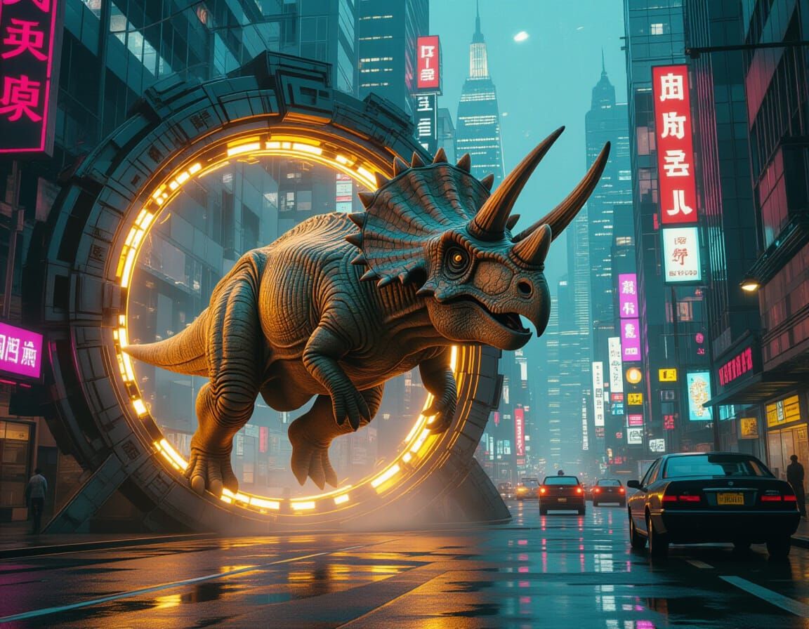 Triceratops Emerges into Cyberpunk City