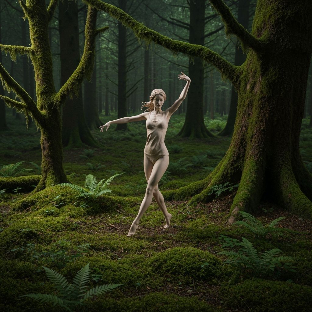 Clay Woman Dancing in Mossy Forest, Realistic 4K