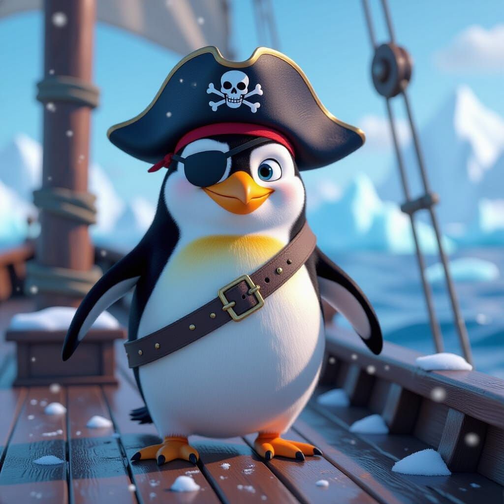 Penguin Pirate Ship in Antarctic Storm, Pixar Style