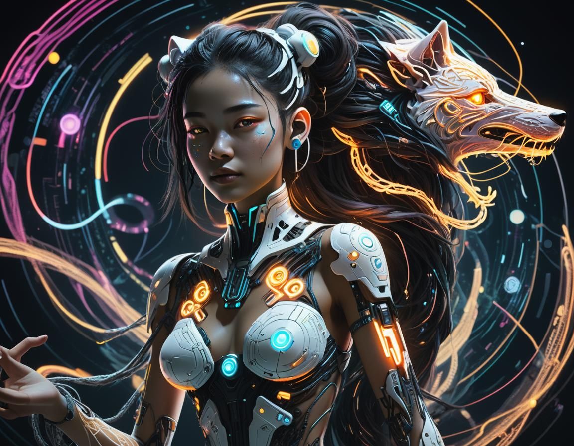 Ethereal Cyberpunk Entity Glows with Analog Knobs and Cosmic...