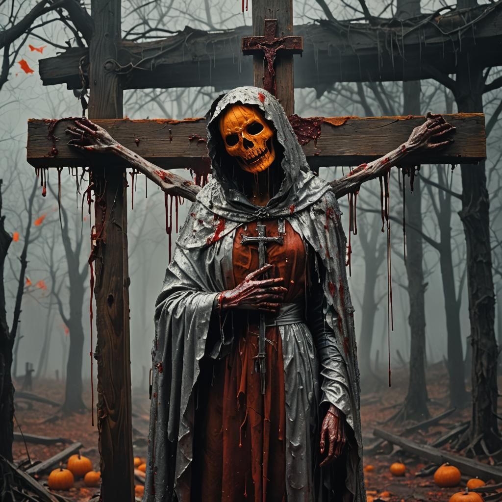 Eerie Crucifixion: Pumpkin-Headed Woman in Silver Cloak