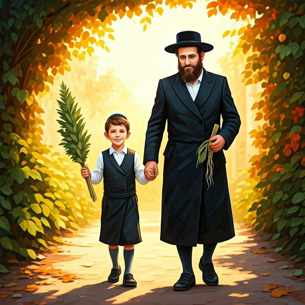 Father and Son Celebrating Sukkot in Impressionist Style