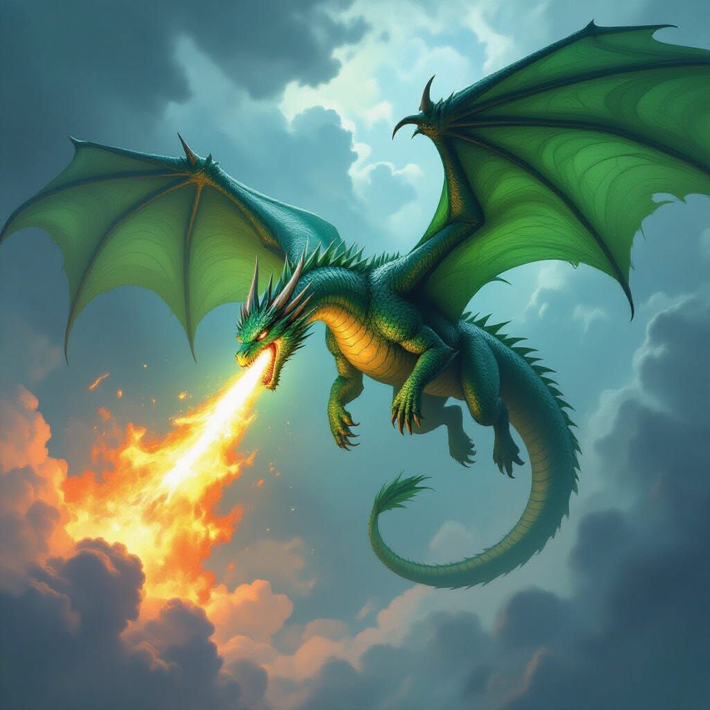 Emerald Dragon Unleashes Fire Against Violent Storm