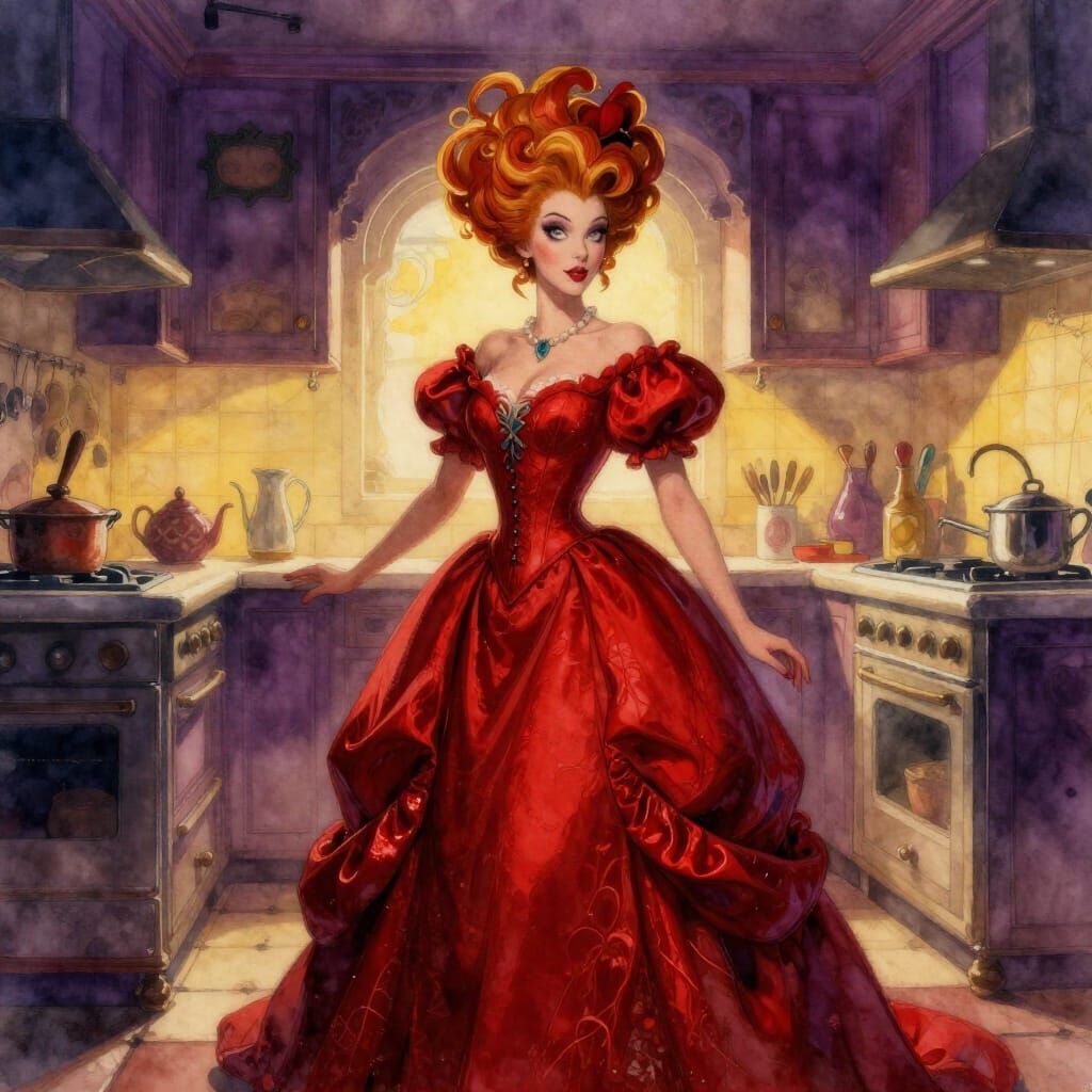 Mrs. Claus in Red Gown, Watercolor Kitchen Art