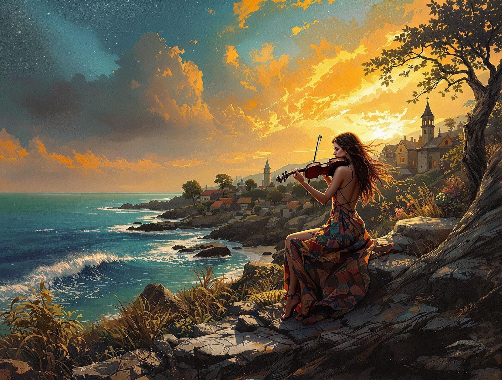 Woman Playing Violin in Encaustic Impasto Style