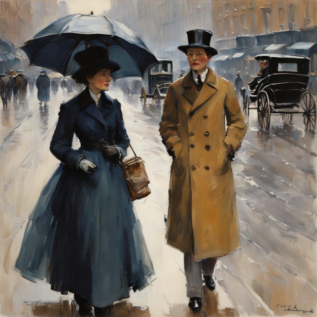 Serene Lady Strolls Down Rainy Fifth Avenue in American Impr...