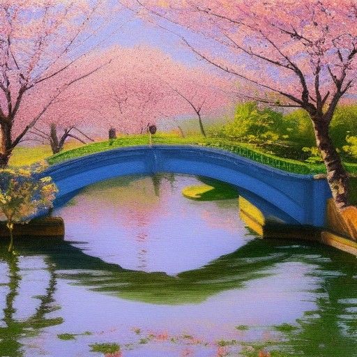 Cherry Blossoms Bridge: Oil Painting Spring Scene