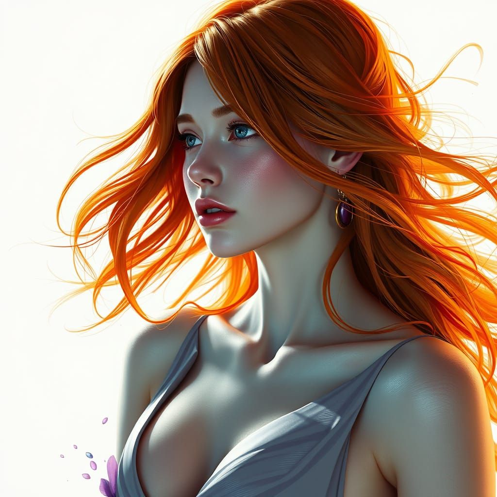 Elegant Ginger Woman in Low-Cut Dress, Splash Art Style