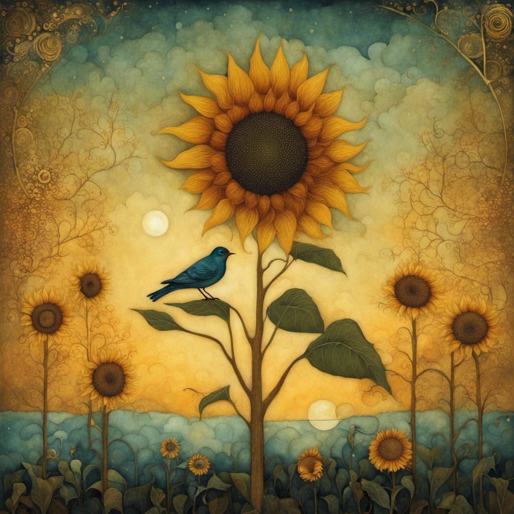 Sunflower and Bird at Sunset Illustration