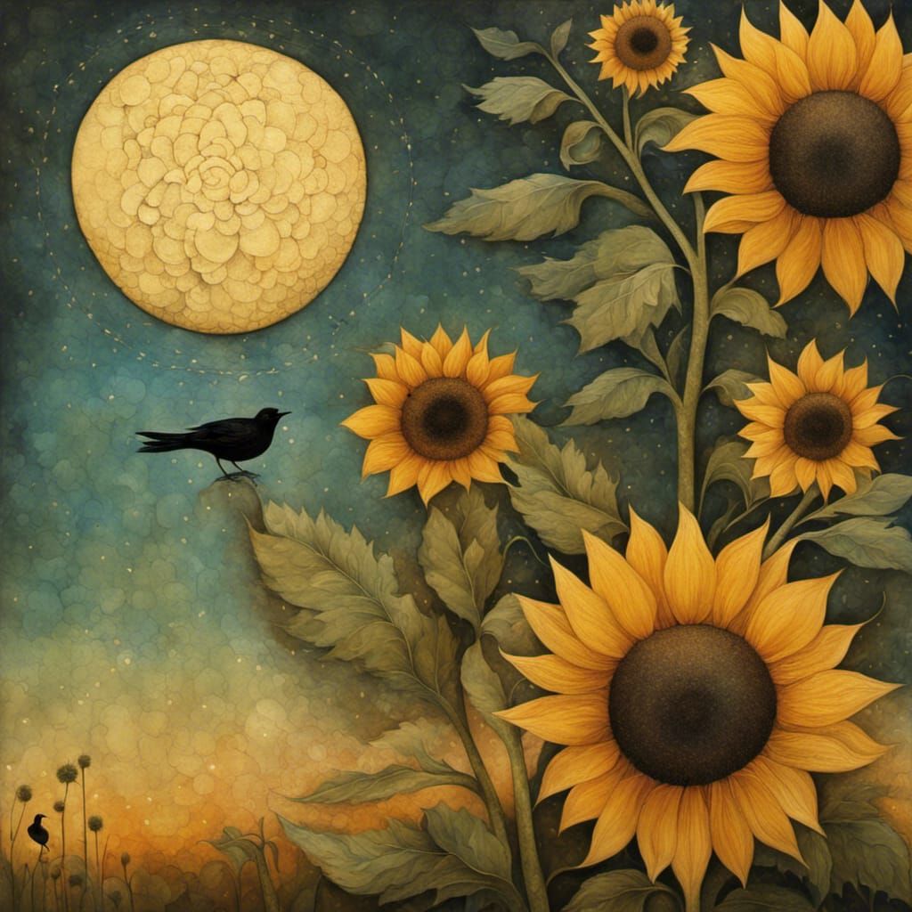 Sunflower and Bird at Sunset, Whimsical Art