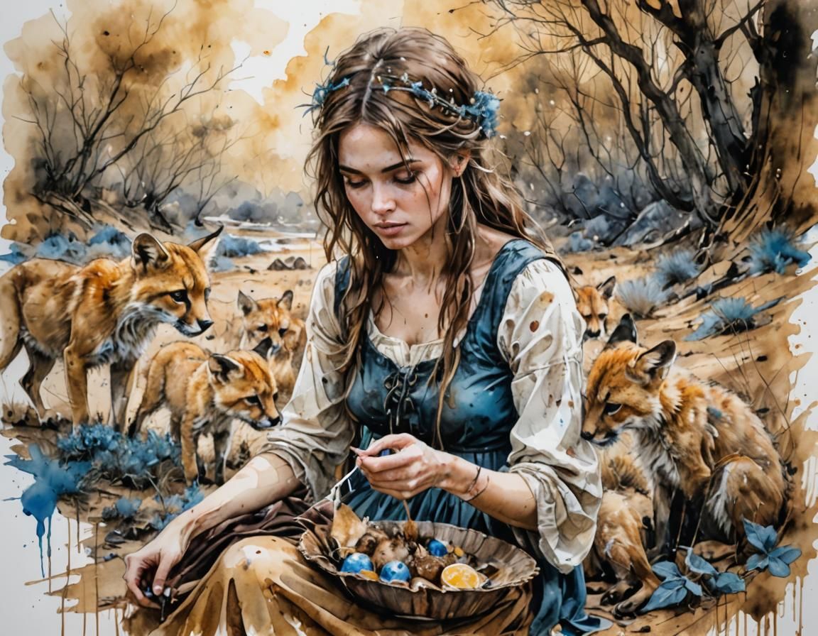 Fairy Tale Woman Feeds Fawns: Digital Watercolor Illustratio...
