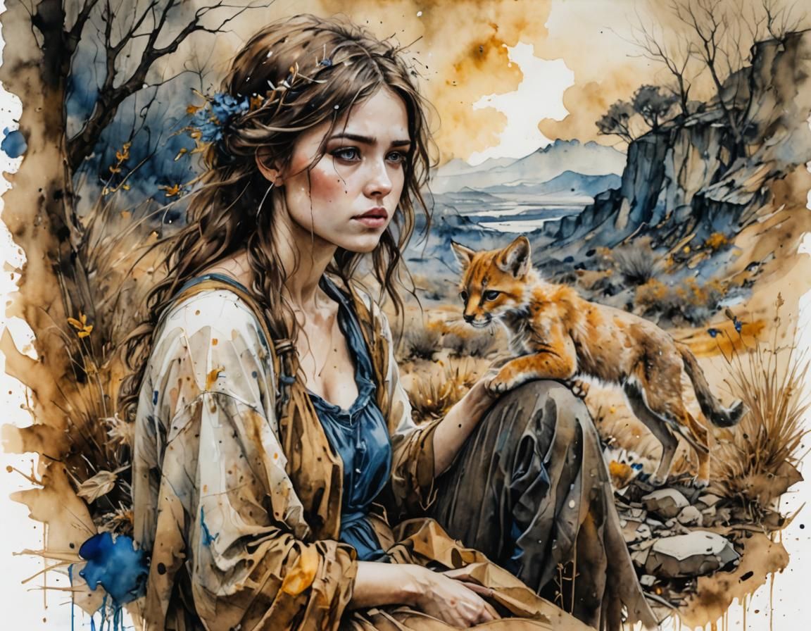 Watercolor Fairy Tale: Woman Feeding Fawns