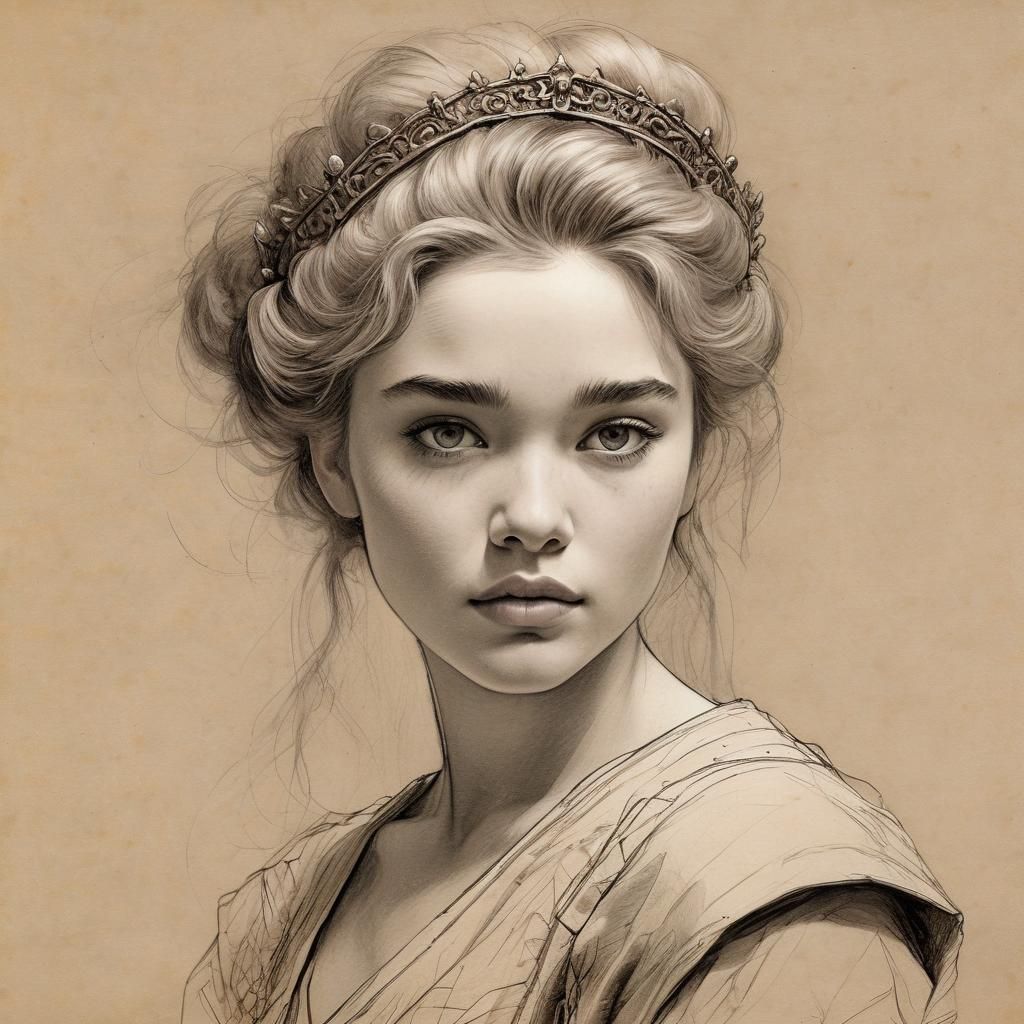 Lady Godiva Portrait in Charcoal Sketch Style