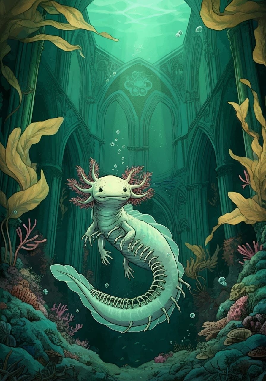 Dreamlike Axolotl-Orca Hybrid Swims Through Sunken Gothic Ca...
