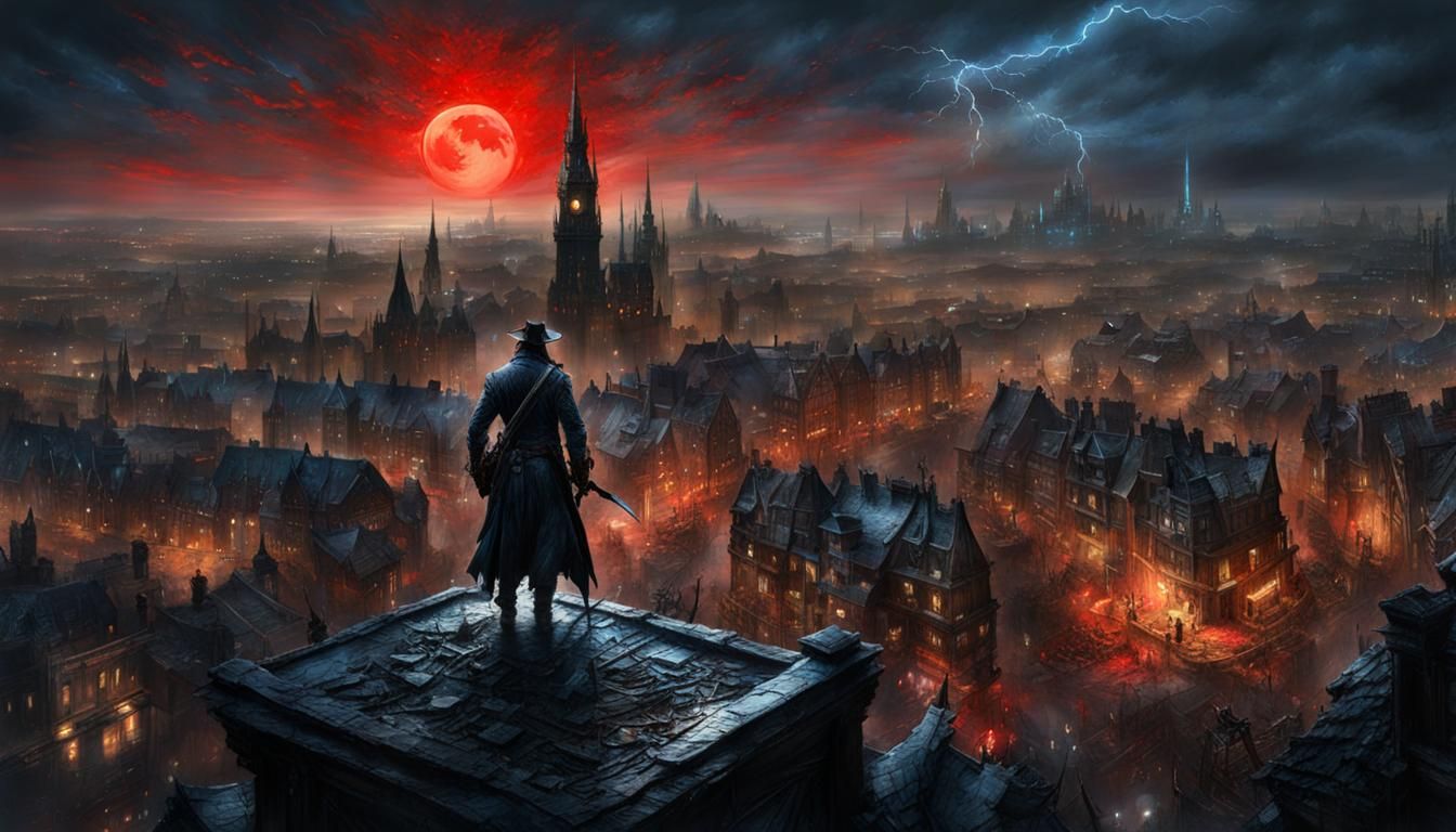 Bloodborne City Hunter Under Red Moon