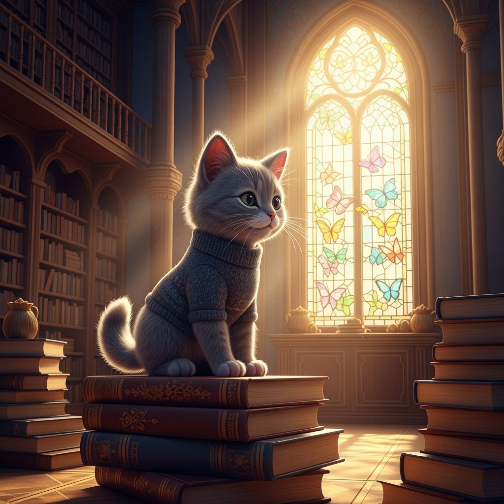 Kitten in Library with Stained Glass, Digital Art