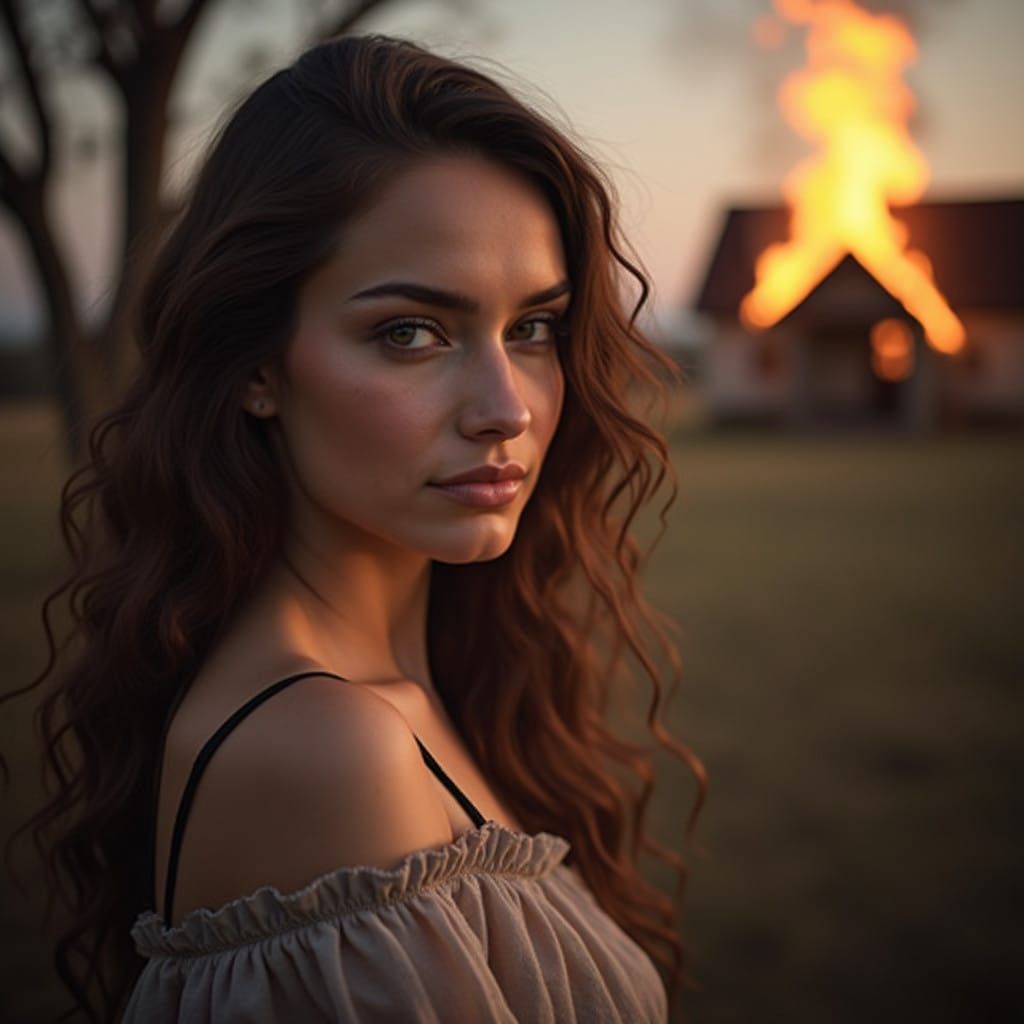 Woman Amidst Burning Inferno in a Haunting Portrait