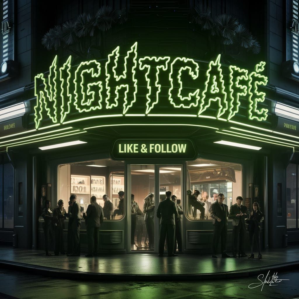 Glowing Neon NightCafé in a Futuristic Cityscape