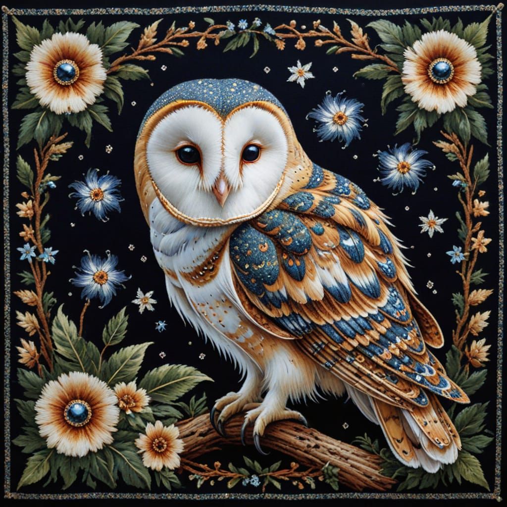 Enchanted Barn Owl Tapestry in Vibrant Optical Patterns