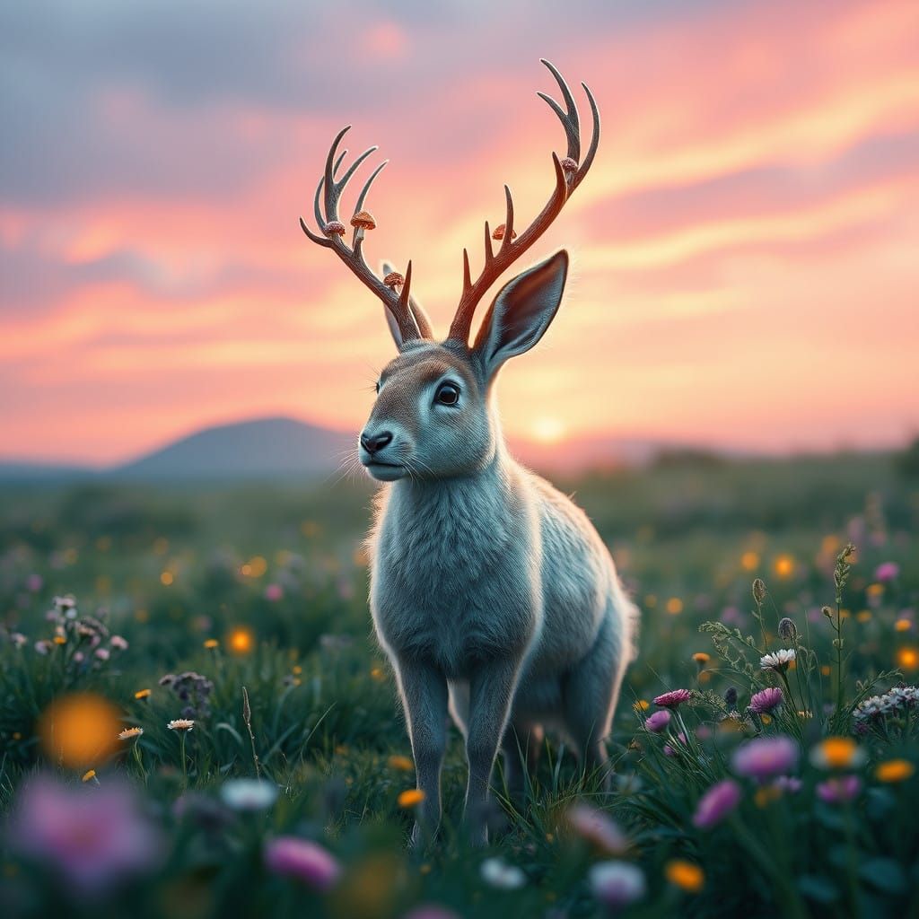 Majestic Jackalope in Vibrant Sunset Meadow