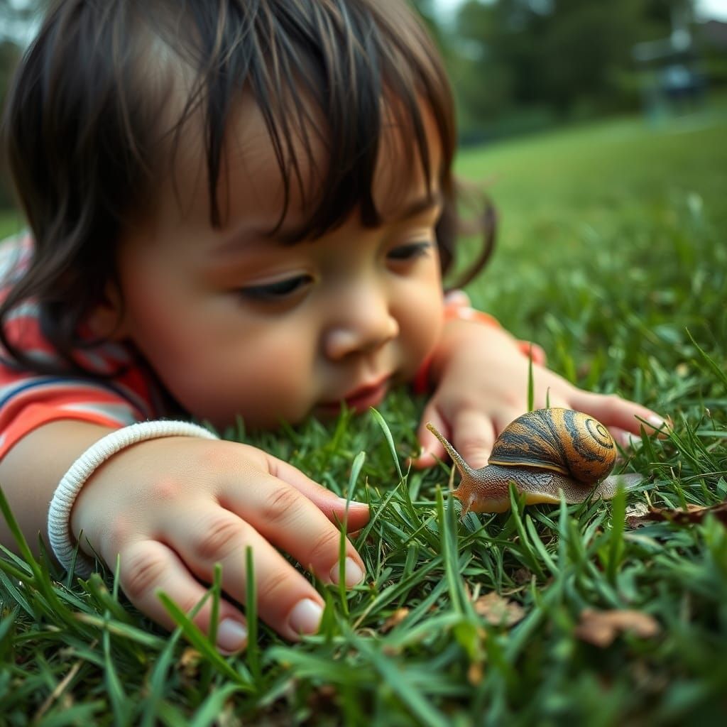Child Watching Snail in Hyperrealistic Detail
