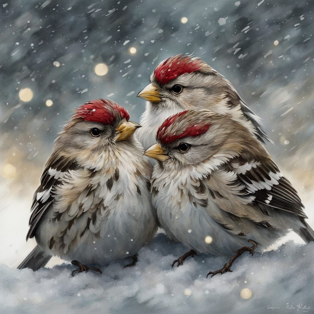 Common Redpoll Birds Huddle Together in Winter