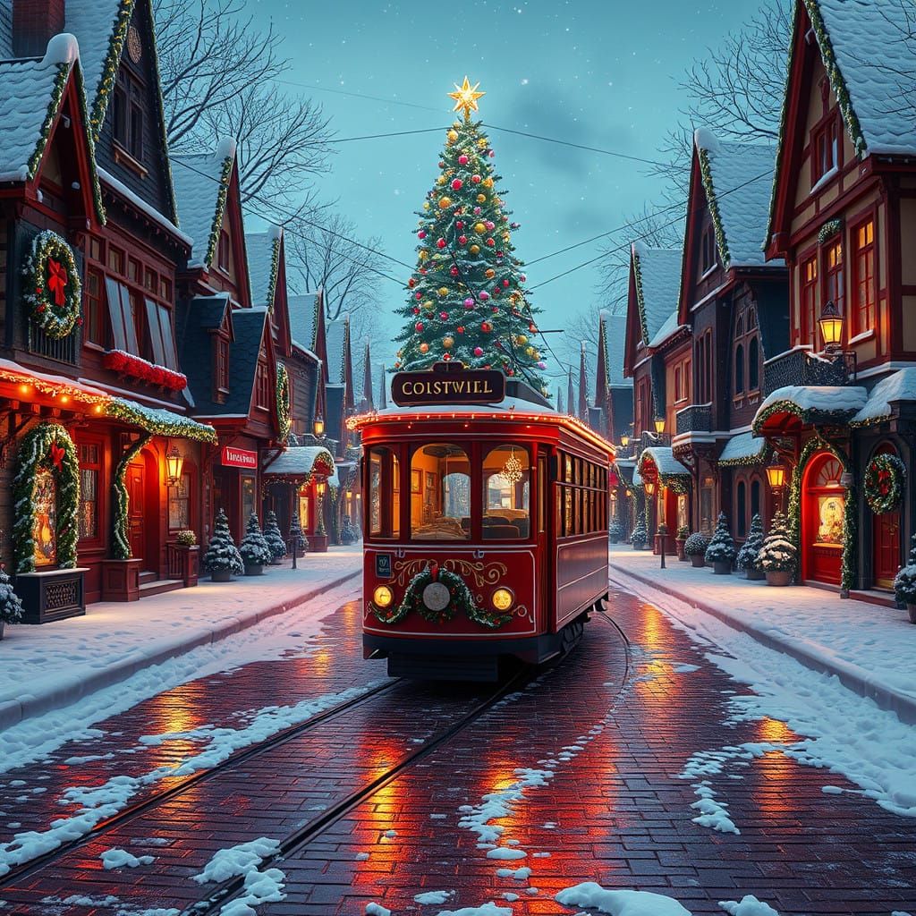Whimsical Christmas Scene in a Snow-Covered Town