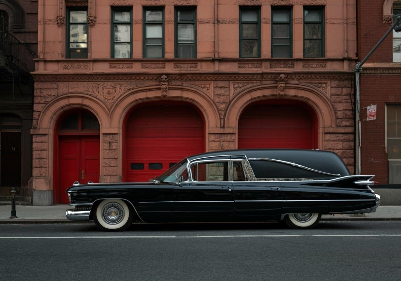 Vintage Cadillac Hearse Parked by Victorian Fire Station