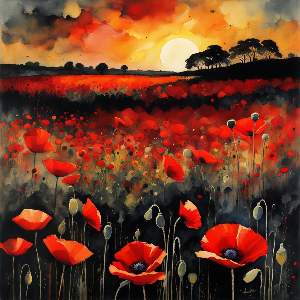 Red Poppies Field at Sunset: Stylized Watercolor Art