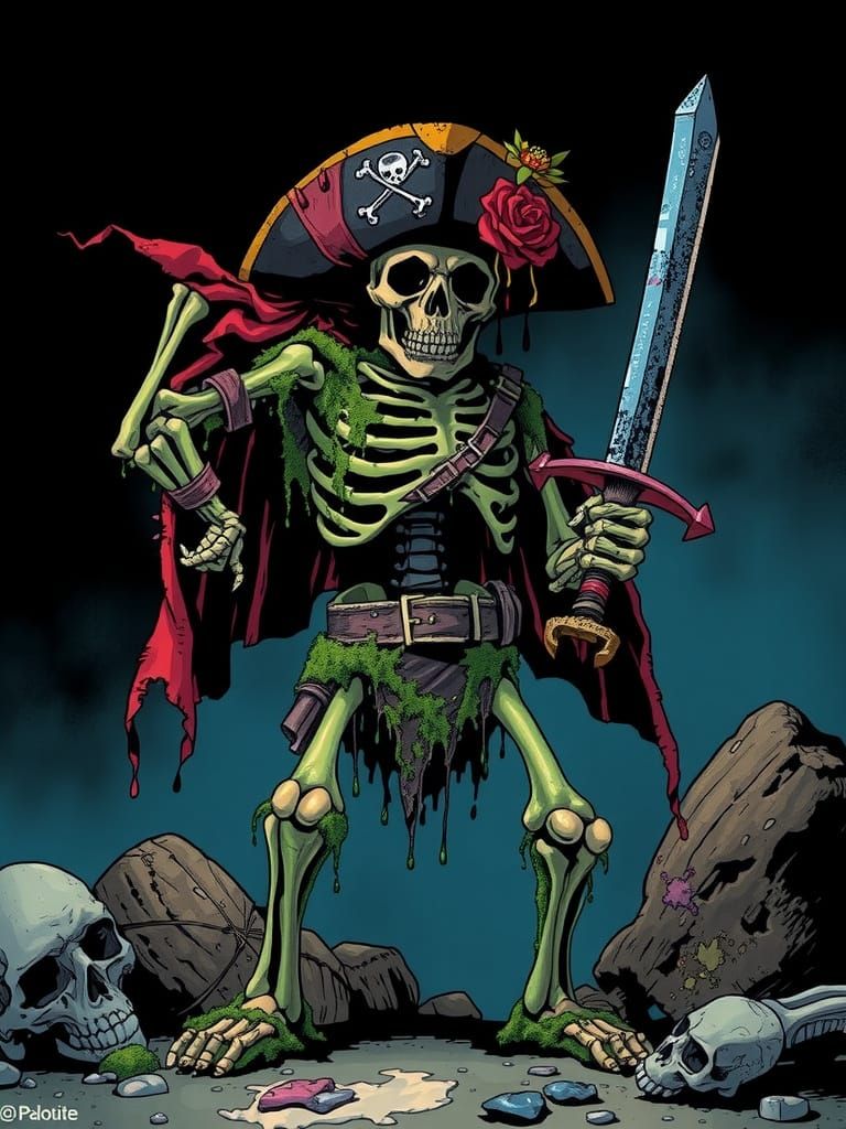 Moss-Covered Pirate Skeleton Captain in Post-Apocalyptic Tri...