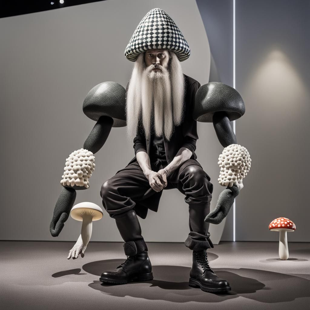 Surreal Mushroom Garden in Museum, Sculpture Art Style