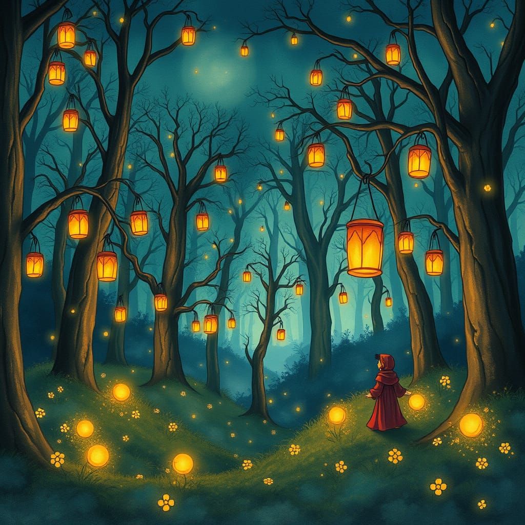 Glowing Mystical Forest at Twilight, Ghibli Style