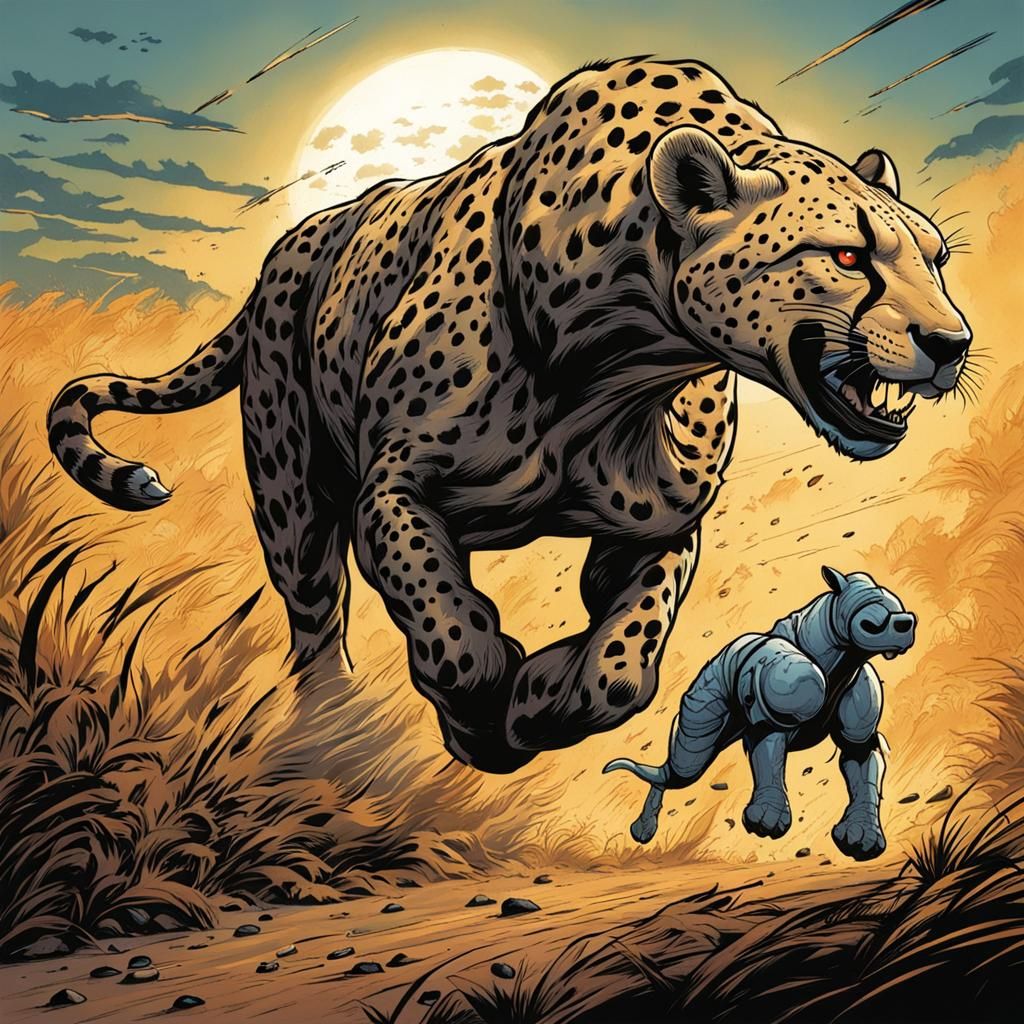 Cheetah Chasing Rhino in Comic Book Art Style